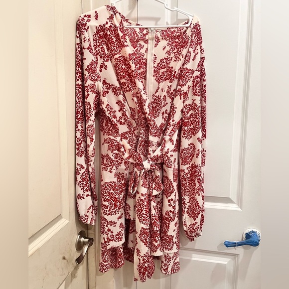 None Pants - Elegant Red and White Floral Front Tie Wrap Romper